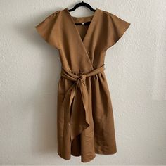 Measurements Available Upon Request. Please Message Me With Any Questions And Check Out My Other Items To Bundle And Save Brown Short Sleeve Midi Dress For Date Night, Brown Cotton Midi Dress For Work, Belted Beige Dress For Brunch, Summer Khaki Workwear Dresses, Beige Belted Dress For Brunch, Spring Brown Dress With Tie Waist, Brown Tie Waist Midi Dress For Spring, Brown Midi Dress With Tie Waist For Spring, Spring Brown Midi Dress With Tie Waist