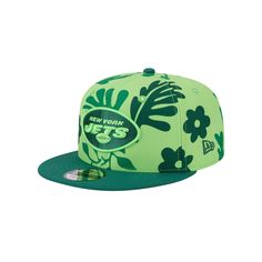 Rock a bold twist on your New York Jets fandom with this Leafy 9FIFTY Snapback from New Era. It features an embroidered team logo on the front crown and an all-over design. The adjustable closure makes this bold hat a comfortable option for all-day wear and a must-have addition to your collection of New York Jets headwear.Rock a bold twist on your New York Jets fandom with this Leafy 9FIFTY Snapback from New Era. It features an embroidered team logo on the front crown and an all-over design. The Green Flat Bill Hat With Letter Print, Green Baseball Cap For Fan Gear, Green Cap For Game Day, Green Retro Sports Hat, Casual Snapback Hats For Fan Events, Green Snapback Hat For Fan Gear, Green Hat With Embroidered Logo For Sports Events, Sports Green Snapback Hat With Embroidered Logo, Green Sports Snapback Hat With Embroidered Logo