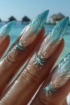 Beach Nails 2024 Beach Nails Inspo 2024, Water Nails Acrylic, Blue Mermaid Nails, Glass Nails Designs, Mermaid Nails Design, Avatar Nails, Siren Nails, Bedazzled Nails, Ocean Nails