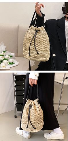 Elegant Shoulder Bag For Beach Season, Elegant Beige Beach Season Bags, Elegant Beach Season Shopping Bags, Trendy Woven Bucket Bag For Travel, Large Capacity Summer Satchel In Pouch Shape, Summer Rectangular Bucket Bag, Portable Beach Bags For Spring, Large Capacity Natural Bucket Bag, Natural Large Capacity Bucket Bag