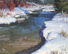 a painting of snow covered water and trees