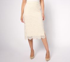 We're so in love with this lace midi skirt. Finished with a scalloped and eyelash trim along the hem, this pretty yet polished style makes a graceful entrance anywhere you go. From Isaac Mizrahi Live!TM. Elegant Maxi Skirt With Lace Trim, Chic Lace Skirt, Delicate Lace Skirt For Spring, Elegant Lace Bottoms With Lace Trim, Feminine Scalloped Lace Bottoms, Elegant Midi Length Bottoms With Lace Trim, Chic Lace Skirt With Lace Trim, Elegant Midi Skirt With Lace Trim, Fitted Scalloped Lace Skirt