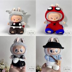 four pictures of stuffed animals in different outfits