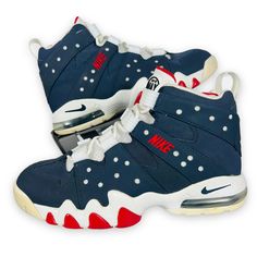 Brand: Nike Air Max 2 CB '94 'Obsidian' 305440-400 Gender: Men's Color: Obsidian/Gym Red/White Size: US 10.5 UK 9.5 EU 44.5 Condition: These shoes are in excellent pre-owned condition. The collar, heels, and soles are in great shape. These shoes have been authenticated by check check which can be seen in the last photo. The original box IS NOT INCLUDED. Please refer to all photos. Shipping Time: Your item ships within 1 Business day. The Nike Air Max 2 CB '94 'Obsidian' 305440-400 is a classic basketball shoe that traces its roots to the court with Charles Barkley. These retro shoes have been re-released, donning iconic colorways and letting everyone relive some of the greatest moments in basketball history. Featuring sleek obsidian uppers, airbag midsoles for exceptional cushioning, and s Navy Basketball Shoes With Round Toe, Throwback Style Cushioned Basketball Shoes, Throwback Cushioned Basketball Shoes, Navy Sporty Sneakers For Training, Navy Low-top Basketball Shoes, Navy Casual Basketball Shoes, Air Max 2, Nike Air Max 2, Basketball History