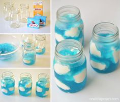 blue and white clouds in mason jars are shown with other items to make them look like they