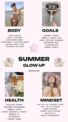 a poster with the words summer glow up and pictures of women in bikinis on it