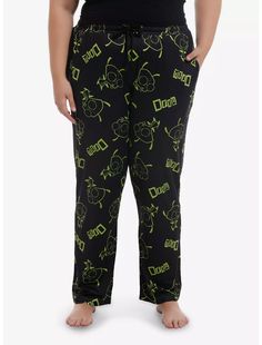 Invader Zim GIR Doom Pajama Pants Plus Size Black Casual Bedtime Bottoms, Casual Black Bottoms For Bedtime, Cotton Bottoms With Character Print For Pajama Party, Cotton Loungewear Bottoms With Character Print, Casual Character Print Loungewear Bottoms, Casual Loungewear Bottoms With Character Print, Black Pants With Elastic Waistband For Sleepover, Cotton Lounge Pants With Character Print, Black Elastic Waistband Pants For Sleepover