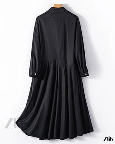 Zlily - Cotton Long-Sleeved Fashion Maxi Dress in Black Black A-line Shirt Dress, Black A-line Shirt Dress For Spring, Black Solid Maxi Dress For Workwear, Black Pleated Long-sleeve Dress, Black Pleated Long Sleeve Dress, Casual Black Long Sleeve Maxi Dress, Casual Black A-line Shirt Dress, Black A-line Maxi Dress, Black Knee-length Long Sleeve Summer Dress