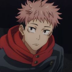 an anime character with pink hair and blue eyes wearing a red scarf around his neck