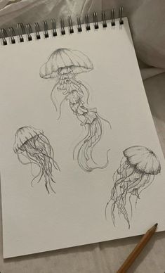 a drawing of three jellyfishs on a sheet of paper next to a pencil