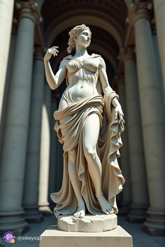 a statue of a woman in front of a building with pillars and columns around it