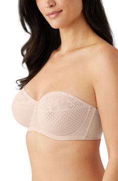 A strapless full-figure bra made from smooth, engineered lace minimizes the projection of the bust to make your clothes fit better. 62% nylon, 38% spandex Lined Hand wash, dry flat Imported Elegant Lace Bandeau Bra, Seamless Lace Bandeau Bra, Strapless Bra With Removable Pads, Bra Friendly Lace Strapless Tube Top, Lace Bra-friendly Strapless Tube Top, Lace Strapless Bra-friendly Tube Top, Lace Strapless Tube Top Bra Friendly, Elegant Strapless Padded Bra, Minimizer Bra