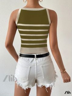 Zlily - Contemporary Striped Knitted Crop Tank Top: Y2K Sleeveless Fashion Essential for the Ultimate Summer Wardrobe – Womens Clothing Fitted Olive Sleeveless Top, Fitted Sleeveless Olive Top, Trendy Green Cotton Sweater Vest, Casual Olive Knit Tops, Green Crew Neck Vest For Summer, Green Sleeveless Knit Top For Fall, Casual Green Tank Knit Top, Casual Green Knit Vest, Green Vest Top For Fall