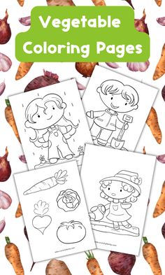 four vegetable coloring pages with vegetables in the background and text overlay that reads, vegetable coloring pages