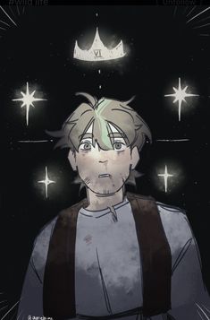 an anime character standing in the dark with stars above his head and one eye open