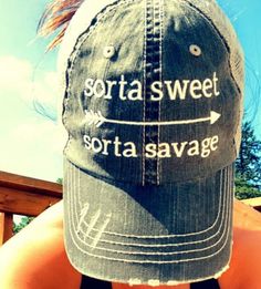 ✧ Sorta Sweet Sorta Savage Trucker Hat ✧ This hat will get you a ton of compliments, guaranteed! Trendy and comfortable, you're going to want to wear this hat everywhere.  * 100% herringbone cotton front, 100% polyester mesh back * Unstructured, six-panel, low-profile * Pre-curved fray visor with contrasting undervisor; Velcro closure * Designed and embroidered in the USA ► Estimated delivery: 4-7 business days (ships from Houston, TX) Our online customer reviews confirm that this hat is very well fitted and lightweight.  ♥ JOIN THE MOVEMENT ♥ Karmavore® is a movement celebrating mindfulness, self-love, and empowered living. Inspired by ancient wisdom and modern culture, we create sweatshop-free, ethically made, and eco-conscious yoga-inspired clothing. ♥ LET'S CONNECT ♥ Follow us on Insta Vintage Soft-washed Hat, One Size Fits Most, Distressed Visor Hat, One Size Fits Most, Adjustable Distressed Baseball Cap, Adjustable Soft-washed Snapback Hat, Adjustable Soft-washed Cap, Adjustable Distressed Cap, Distressed Curved Brim Hat, Distressed Adjustable Cap, Distressed Adjustable Snapback Hat