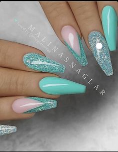 Gel Coffin, Teal Nail Designs, Teal Nails, Turquoise Nails, Nails Green, Her Nails, Acrylic Coffin, Coffin Nails Long