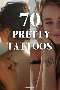 two women with tattoos on their backs and the words 70 pretty tattoos written in white