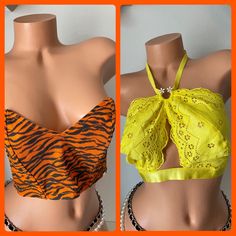 Listing Is For Both Items Pictured Both New With Tags. One Is A Bandeau Lined In A Tiger Print And The Halter Top Is A Very Pretty Neon Yellow Lace With A Flower Detail. Summer Yellow Bra With Comfort Fit, Yellow Summer Bra, Summer Yellow Bra, Yellow Fitted Bra For Spring, Fitted Yellow Bra For Summer, Fitted Yellow Bra For Spring, Halter Bra, Savage X Fenty, A Tiger