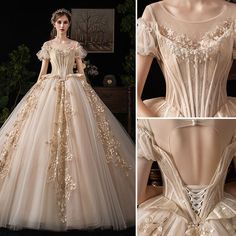 Luxury / Gorgeous Victorian Style Vintage / Retro Champagne Wedding Dresses 2019 Ball Gown Scoop Neck Beading Lace Flower Short Sleeve Backless Royal Train Wedding Ball Gown With Corset Back And Floor-length, Wedding Gown With Illusion Neckline For Prom Season, Floor-length Evening Dress With Corset Back For Wedding, Wedding Evening Dress With Illusion And Sweetheart Neckline, Gold Ball Gown With Sweetheart Neckline For Wedding, Champagne Tulle Ball Gown For Wedding, Lace Wedding Dress With Sweetheart Neckline For Banquet, Wedding Quinceanera Dress With Sweetheart Neckline And Corset Back, Embellished Tulle Quinceanera Dress For Weddings