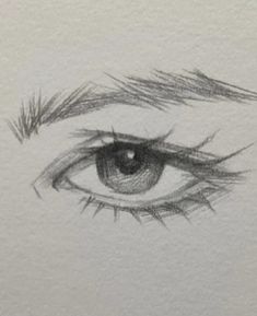 a drawing of an eye with long lashes on the bottom half of its iris, looking straight ahead