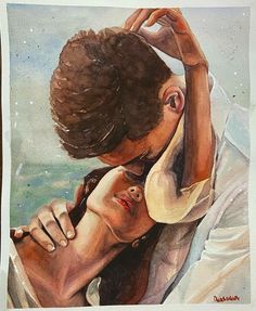 a painting of two people embracing each other