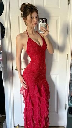 Gorgeous Red Halter Glitter Ruffle Mermaid Long Evening Dress Swag Clothes, Red Mermaid Prom Dress, Digital Wardrobe, Prom Inspo, One Shoulder Prom Dress, Social Dresses, Prom Dress Stores, Long Evening Dress, Boat Party