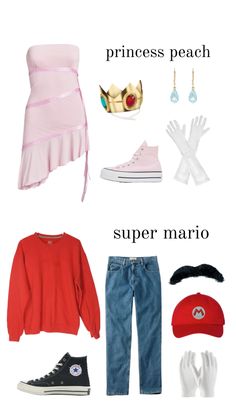 the princess peach outfit is shown with her shoes, gloves, and other items to wear