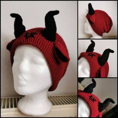 there is a knitted hat with horns and horns on the top, along with other pictures