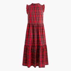 J Crew Classic Red Tartan Plaid Tiered Ruffle Midi Dress Brand New With Tags 98% Cotton / 2% Elastane. Falls Below Knee. Machine Wash Bc706 Bc716 Gw1130 White Floral Maxi Dress, Classy Winter Outfits, Ruffle Midi Dress, Tiered Midi Dress, Linen Maxi Dress, High Quality Dress, Red Tartan, Chambray Dress, Sleeveless Shift Dress