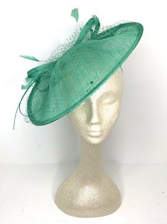 Jade Green Fascinator Hatinator Derby Hat, Womens Tea Party Hat, Church Hat, Derby Hat, Fancy Hat, Royal Hat, Tea Party Hat, weddin Feather Trim Fascinator For Royal Ascot Races, Feather Trim Mini Hats For Kentucky Derby Evening, Kentucky Derby Evening Mini Hat With Feather Trim, Fitted Feathered Costume Hat, Feathered Fascinator For Races, Fitted Feather Fascinator For Evening, Feathered Fitted Costume Hat, Fitted Feather Party Costume Hat, Fitted Costume Hat With Feathers