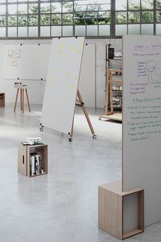 a white board with writing on it in an empty room next to tables and stools