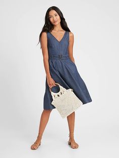 Denim V-Neck Dress | Banana Republic Belted Denim Dress For Summer Workwear, Casual Sleeveless Belted Denim Dress, Cotton V-neck Belted Dresses, Chic Belted Sleeveless Denim Dress, Chic Sleeveless Belted Denim Dress, Summer Medium Wash Belted Denim Dress, Summer Belted Medium Wash Denim Dress, Belted Medium Wash Denim Dress For Summer, Chic Medium Wash Belted Denim Dress