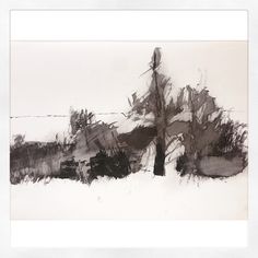 a black and white drawing of a tree in the middle of winter with snow on the ground