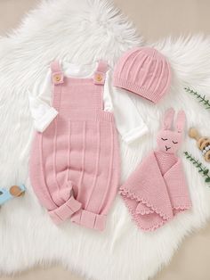 Baby Girl Crisscross Back Knit Jumpsuit & Hat & Rabbit Soothing Towel Without Tee | SHEIN USA Luxury Baby Clothes, Toddler Jumpsuit, Baby Knitwear, Newborn Romper, Luxury Baby, Knit Jumpsuit, Knitted Romper