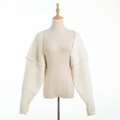 Women Beige Chunky Fine Knit Rib Cape Batwing Sleeve Crop Open Stitch Knit Top Short Cardigan Sweater, Black Cropped Cardigan, Sleeve Shawl, Egirl Clothes, Gilet Long, Long Sleeve Knitted Cardigan, Short Cardigan, Sweater Crop, Bat Sleeve