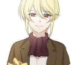 an anime character with blonde hair and red eyes wearing a brown jacket, white shirt and purple scarf