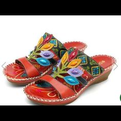 Very Pretty Socofy Leaves And Flowers Cut Out Leather Colorful Patterns And Embossed Flowers. Beautiful Butterfly Very Pleasing Size 40 Wedge Heel Adjustable Strap Red Sandals Red Strap Yellow Lavender Red And Teal Colored Cut Out Leaf And Stitched Stones In Matching Colors Red Sandals, Colorful Patterns, Flowers Beautiful, Red And Teal, Matching Colors, Beautiful Butterflies, Wedge Heels, Women's Shoes Sandals, Color Patterns