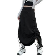 Women Long Skirt with Adjustable Drawstring, Solid Color Clothing Product Attribute Material: Polyester Type: Clothing Style: Simple Color: Black,Grey,Khaki Size: S,M,L,XL Package: 1*Skirt Warm Reminder 1. Please remember that due to the lighting effects, the monitor's brightness / contrast settings / etc's, there will be some slight differences in the color of the pictures and the actual items. Measured by hand, deviations of 1-2 cm are possible. 2. Please leave us a message if you have any que Skirts Y2k, Streetwear Skirt, Skirt Streetwear, Solid Color Outfits, Midi Skirt With Pockets, Skirt Y2k, Retro Streetwear, Long Skirts For Women, Cargo Skirt