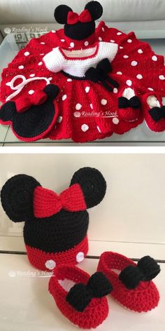 crocheted mickey mouse hat and slippers are shown in two different pictures, one is red and the other is black