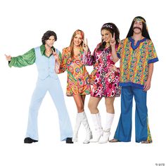 three men and two women dressed in 70s style clothing