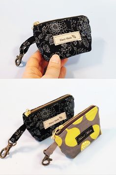 two pictures of small purses with yellow and black designs on the front, one has a key chain attached to it