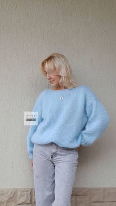 "Wonderful mohair sweater. It is soft, warm and super cozy. Mohair knitted sweater looks great and be sure, you will get a lot of compliments. The material of this sweater is mix of long fiber fluffy mohair and premium acrylic. The mohair has a beautiful long fiber which gives the sweater a soft and luxurious look. The sleeves of this sweater has a loose wide fit, the sleeves are long. This allows you to wear a sweater with a jacket without gloves. The sweater is very cozy and enjoyable, loose f Chunky Wool Sweater, Casual Blue Mohair Sweater, Soft Mohair Sweater For Winter, Casual Mohair Sweater For Winter, Oversized Mohair Sweater With Soft Texture, Mohair Long Sleeve Chunky Knit Sweater, Chunky Knit Mohair Sweater With Long Sleeves, Long Sleeve Mohair Sweater With Chunky Knit, Casual Long Sleeve Mohair Sweater