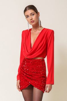 Hurley Sequin Skirt Scarlet, Skirt by Line & Dot | LIT Boutique Short Sequin Skirt, Scarlet Color, Rich Outfits, Sequence Skirt, Sequin Mini Skirt, Line Dot, Sequin Pants, Cowl Neck Long Sleeve, Sequin Mini Skirts