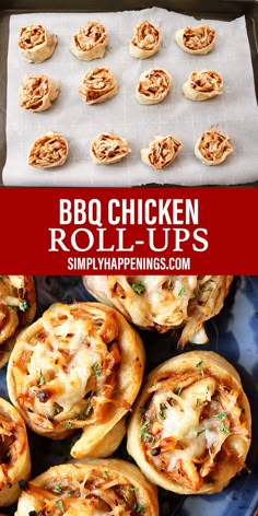 bbq chicken roll ups on a blue plate with text overlay that reads, bbq chicken rolls