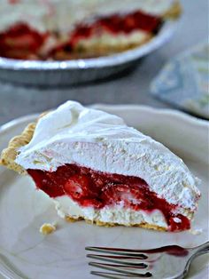 a slice of strawberry cream pie on a plate with a fork