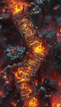 an aerial view of a fire bridge surrounded by lava and rocks with flames coming from it