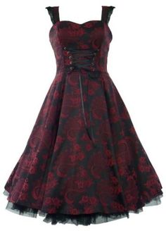 It's not in my size but I LOVE this dress!!! I'vealways wanted a red & black brocade "dark" version of the dress Doris Day wore in "Man Who Knew Too Much", the green & white one. This is pretty close! Hot Topic Clothes, Emo Dresses, Prom Ideas, Psychobilly, Gothic Dress, Gothic Outfits, Prom Party, Prom Party Dresses, Up Girl