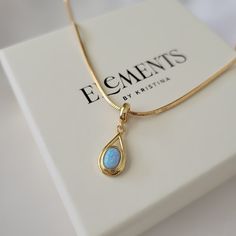 "Blue opal pendant necklace. Wear it on it's own or layer it.  Pendant details:  * Finish: non tarnish 14K gold filled, opal stone * Measurements: 0.4' inch W 1' inch H Chain: non tarnish gold filled Comes in our gift ready packaging: vegan leather pouch for safe jewelry storing and branded box  GOLD FILLED Tarnish Resistant. Hypoallergenic. Long Lasting. Gold filled is affordable alternative to solid gold. Hypoallergenic - sensitive skin friendly. With proper care it will last for years. What i Gold Teardrop Opal Necklace, Minimalist Gold Opal Necklace, Gold Opal Teardrop Pendant Necklace, Gold Opal Teardrop Necklace, Good Necklace, Blue Opal Necklace, Opal Pendant Necklace, Jewelry Words, Necklace Elegant