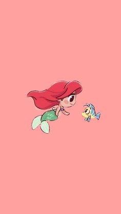 the little mermaid and her fish friend are swimming in the ocean together, with pink background